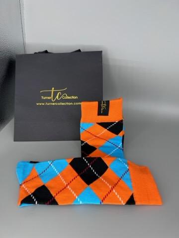 TC1029 Orange/Black/Light Blue Argyle Socks