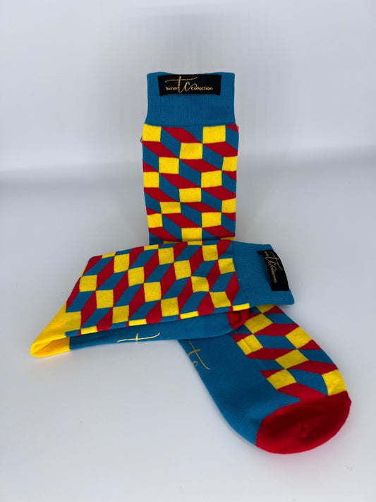 TC1008  Checker Yellow, Red and Blue Cotton Socks